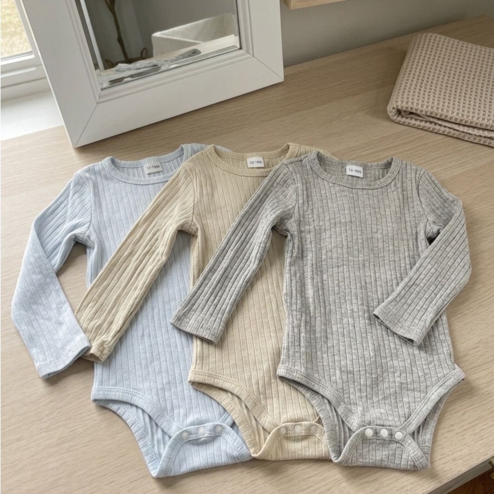 Long-Sleeve Ribbed Kids One-Piece Bodysuit Blue, Cream, Gray baby size 12-18M